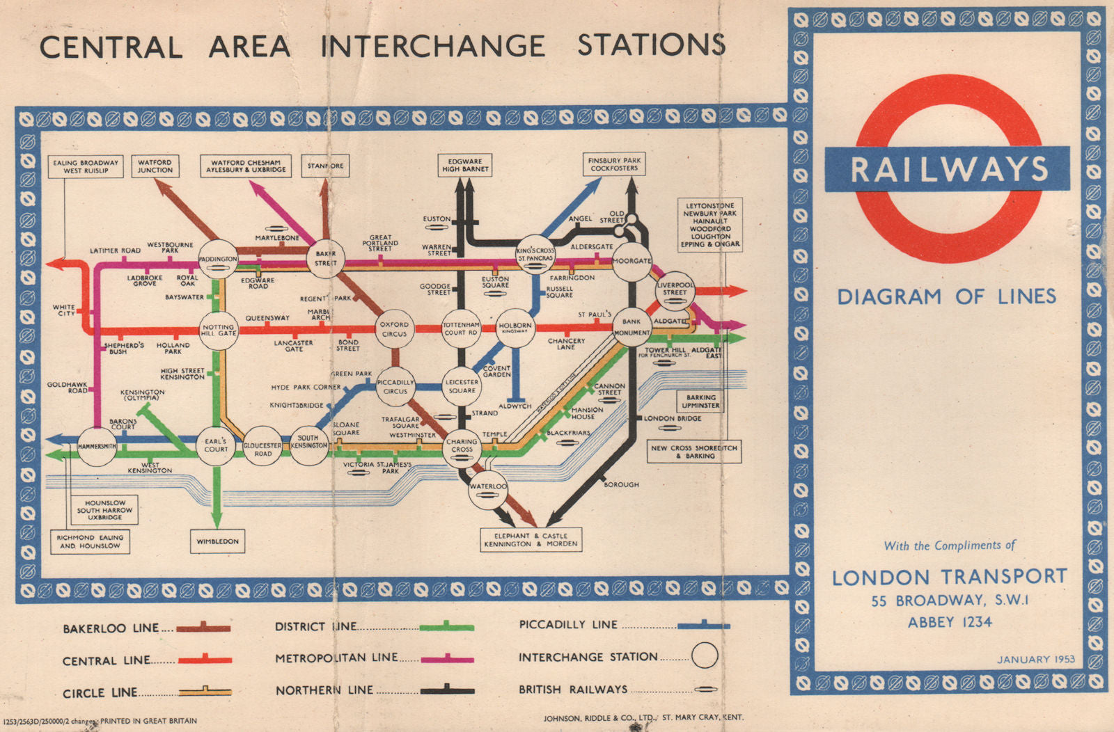LONDON UNDERGROUND TUBE Central area interchange stations 1953 old vintage map